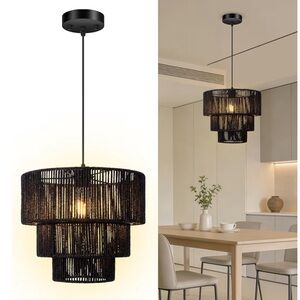 NEW Boho Rattan Chandelier Light, 3-Tier Hand Woven farmhouse black chandelier